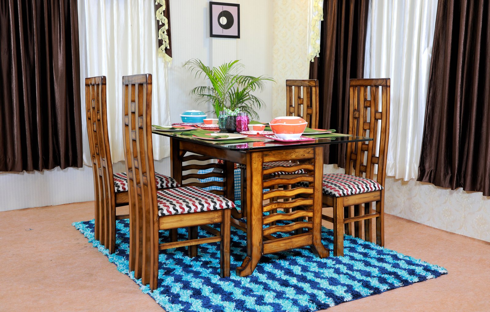 Wave Style Teak Wooden Dining Set - Srgun Hut Wave Style Teak Wooden Dining Set